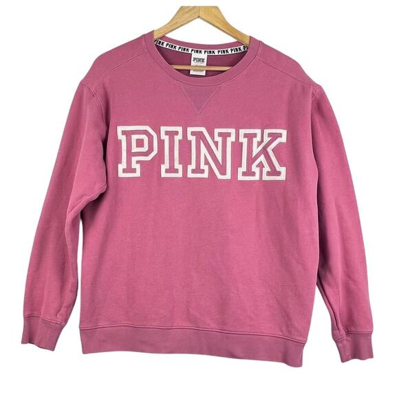 Pink Victoria's Secret Print Long Slve Crewneck Logo Pink Spell Out Sweatshirt M - Picture 1 of 8